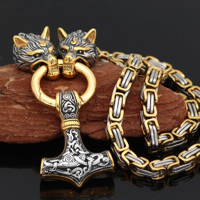 Men stainless steel Wolf head norse viking amulet thor hammer pendant necklace viking king chain 1