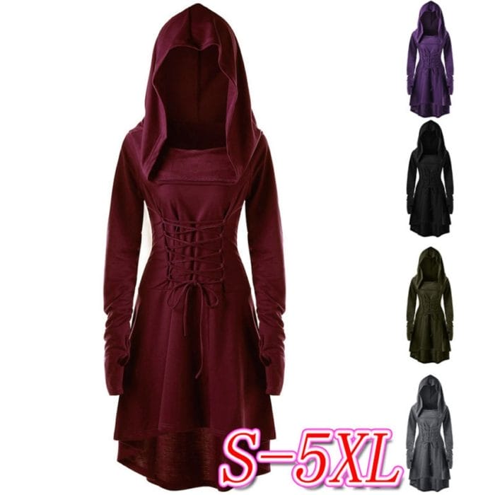 S-5XL Lady Hooded Dress Middle Ages Renaissance Halloween Hunter Archer Cosplay Costumes Vintage Medieval Bandage Party Vestido 2