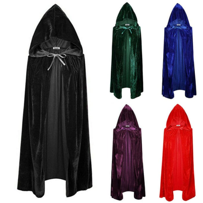 Adult Halloween Velvet Cloak Cape Hooded Medieval Costume Witch Wicca Vampire UK 1