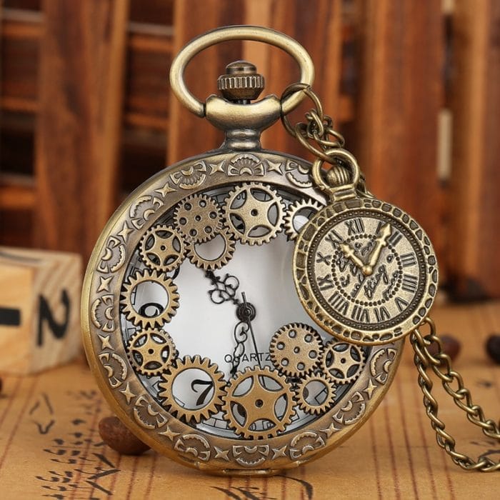 Vintage Antique Copper Steampunk Bronze Hollow Gear Quartz Pocket Watch Necklace Pendant Clock Chain Men Women with Accessory 1