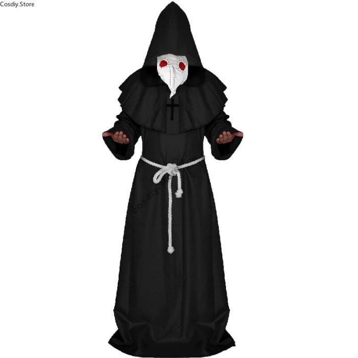 Halloween Plague Doctor Costume Medieval Hood Robe Dress Mask Hat Pest Minister Monk Cosplay Outfit Carnival Punk For Men Adult 2