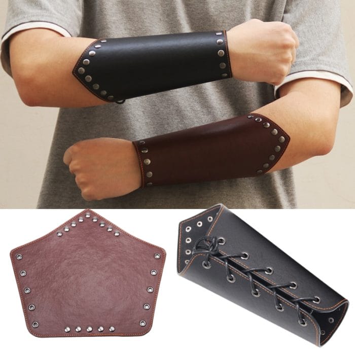 One Piece Men PU Leather Arm Warmers Lace-Up Gauntlet Wristband Bracer Protective Arm Armor Cuff Cross String Steampunk Cosplay 3