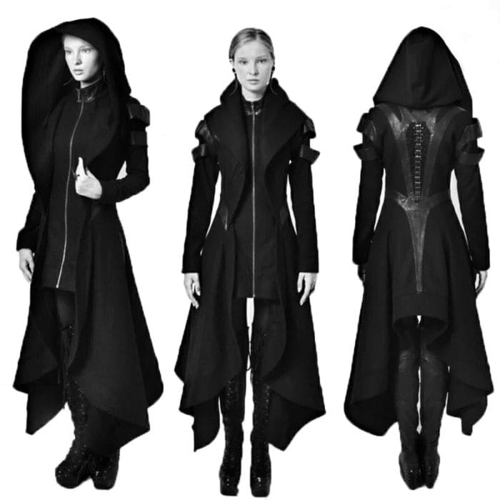Halloween Cosplay Steampunk Assassin Elves Pirate Costume Adult Women Black Long Hooded Jacket Gothic Armor Leather Coats 5XL 1