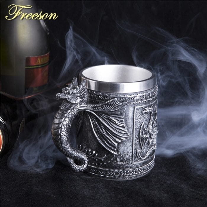 Retro Dragon Resin Stainless Steel Beer Mug Skull Knight Tankard Halloween Coffee Cup Creative Viking Tea Mug Pub Bar Decoration 1