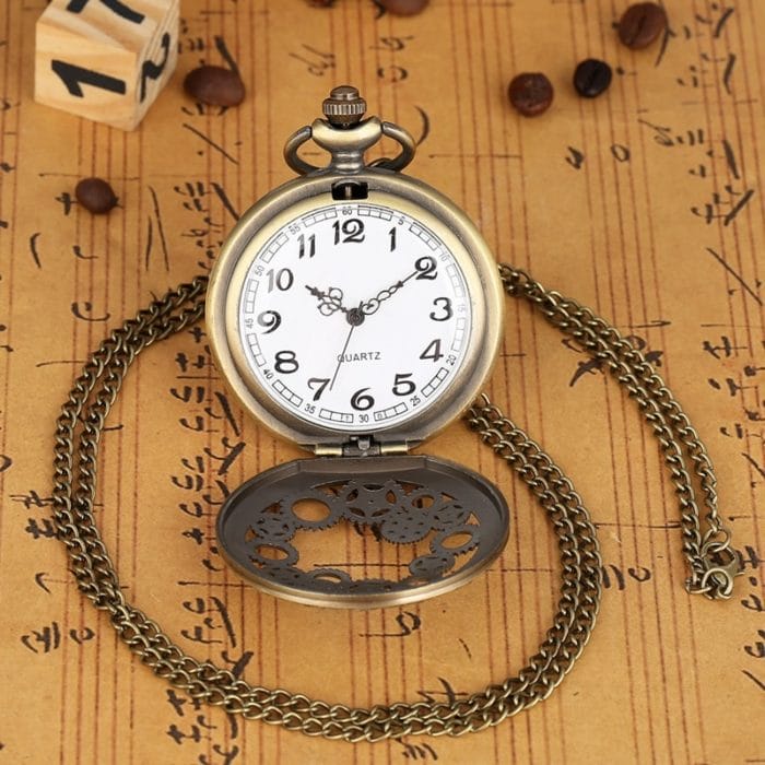 Vintage Antique Copper Steampunk Bronze Hollow Gear Quartz Pocket Watch Necklace Pendant Clock Chain Men Women with Accessory 5