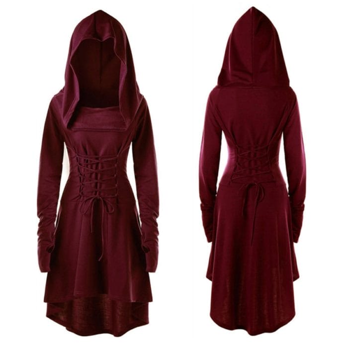 Womens Renaissance Archer cosplay Costumes Hooded Robe Lace Up Vintage Pullover Long Hoodie Dress Cloak Halloween LARP Party 3
