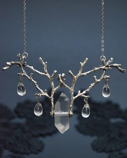 Quartz Crystal Necklace Silver Plated Branches Pendant, Elven Jewelry,Droplets Necklace, Witchy, Pagan, Gift for Her 2