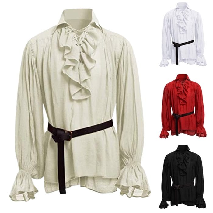 New Medieval Renaissance Lacing Up Shirt Bandage Tops For Adut Men Larp Vintage Costume Fluffy Long Sleeve For Male pants Belt 1