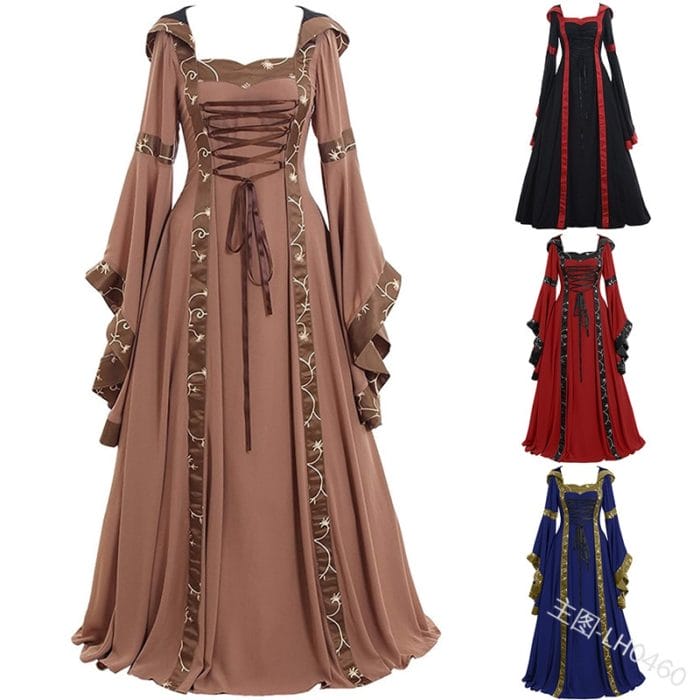 New Hooded Medieval dress costume women Maxi dress Renaissance Queen Cosplay Long Dress Women Retro Fancy Clothes Halloween 5XL 1