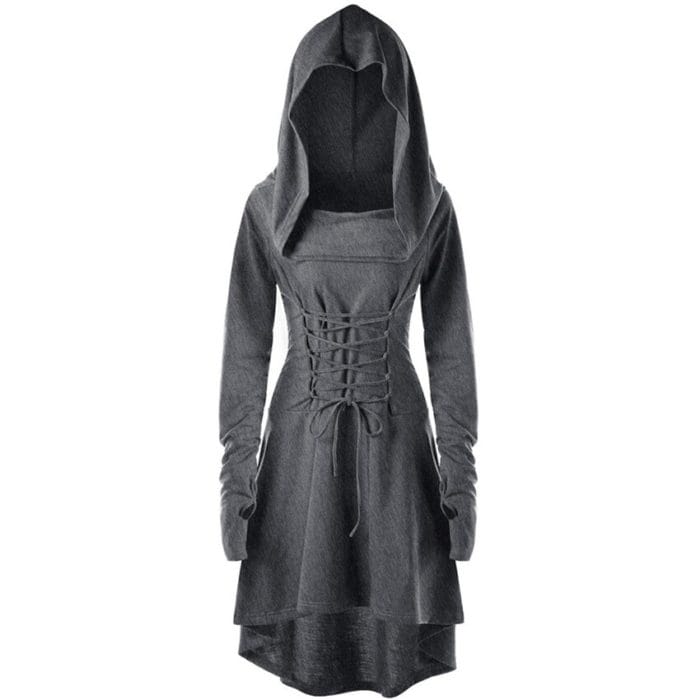 Womens Renaissance Archer cosplay Costumes Hooded Robe Lace Up Vintage Pullover Long Hoodie Dress Cloak Halloween LARP Party 6