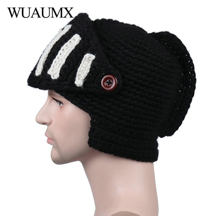 Wuaumx Novelty Roman Hat Winter Beanie Hats For Men Warm Mask Knight Helmet Knitted Cap Handmade Gladiator Mask Hat czapka zimow 4