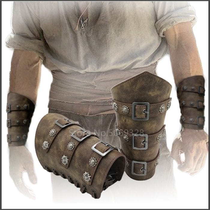 1Pc Men Medieval Cosplay Leather Armor Arm Warmers Lace-Up Viking Pirate Knight Gauntlet Wristband Bracer Steampunk Accessories 1