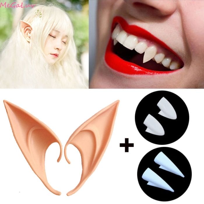 2 Pairs Vampire Teeth Fangs Dentures Props Elf Ears Halloween Costume Props False Teeth Elf Ears Set Party DIY Decor 1