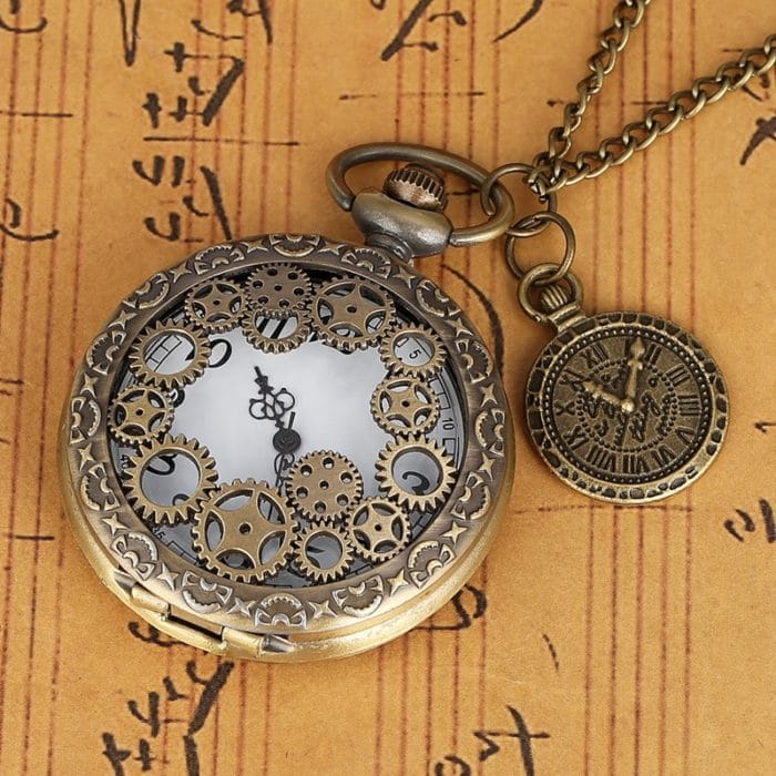 Vintage Antique Copper Steampunk Bronze Hollow Gear Quartz Pocket Watch Necklace Pendant Clock Chain Men Women with Accessory 6