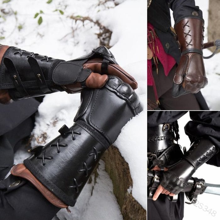 Medieval Retro Gothic Style Half-finger Riding Motorcycle Gloves Bandage Leather Long Glove Soldier Fight Combat Cosplay Armor 1