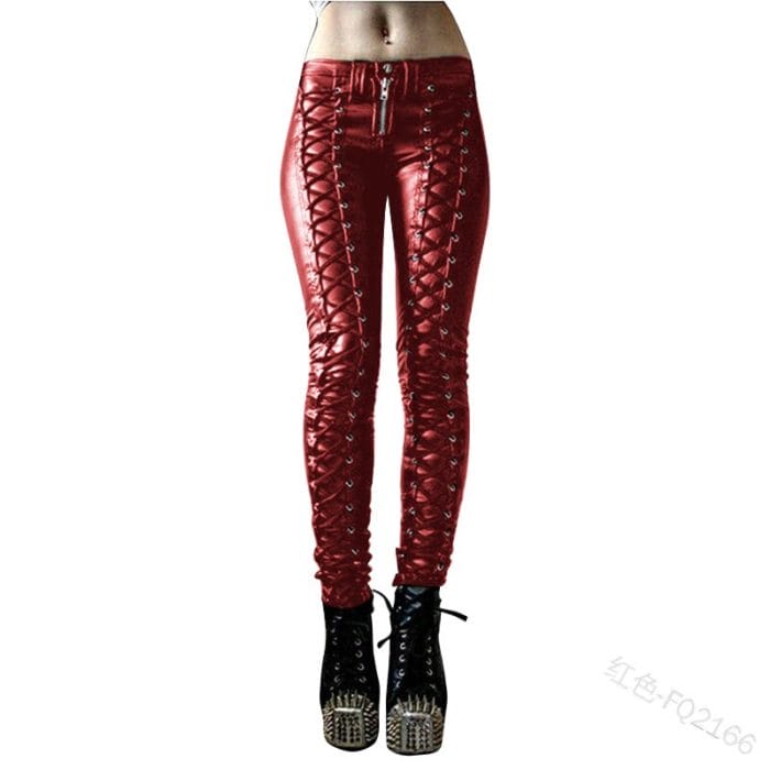 Women Retro PU Pants Leather steampunk bandage Lace up Pencil pants Medieval Gothic Skinny Streetwear Autumn Casual Trouse 2