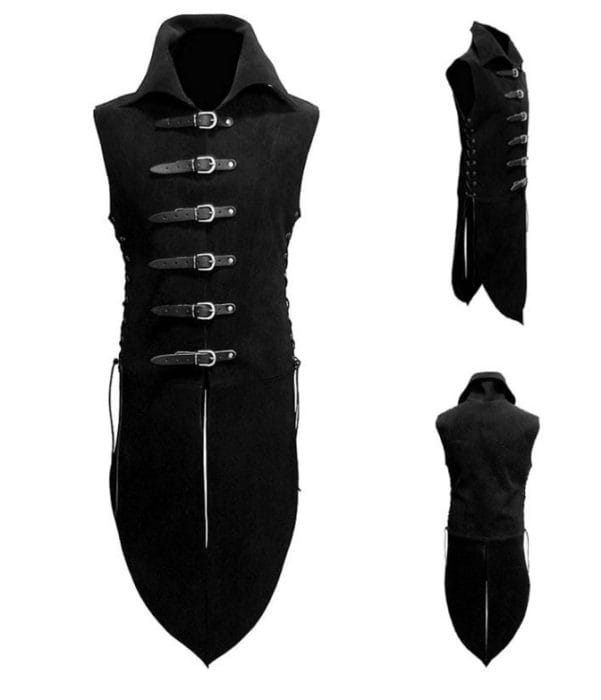 Men Middle Age Renaissance Knight Solider Armor  Vest Medieval Landlord High Neck Top Shirt Leather Button Costume 1
