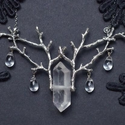 Quartz Crystal Necklace Silver Plated Branches Pendant, Elven Jewelry,Droplets Necklace, Witchy, Pagan, Gift for Her 1