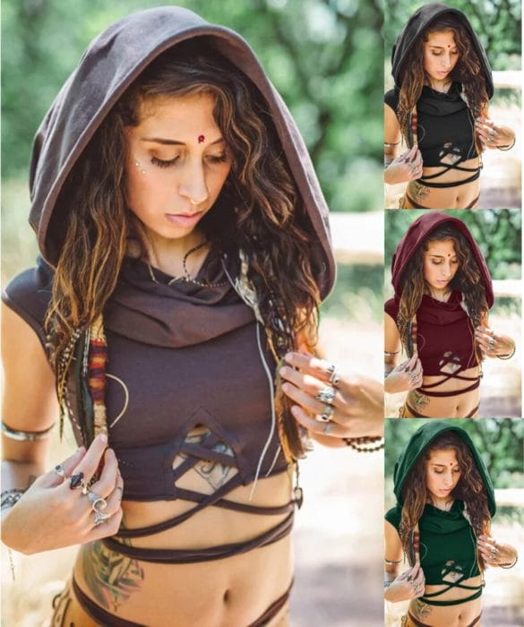 Medieval Forest Elven Elf Pixie Costume For Women Cosplay Gothic Vintage Slim Hooded Crop Vest Top Carnival Party Costumes 6