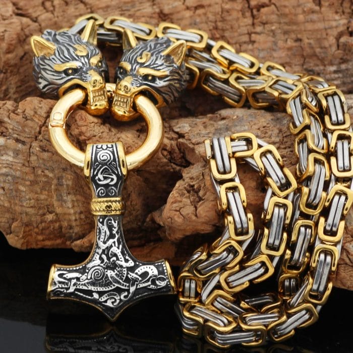 Men stainless steel Wolf head norse viking amulet thor hammer pendant necklace viking king chain 4