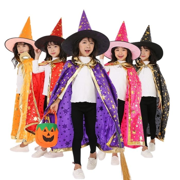 Children Halloween Costumes Wizard Witch Cloak Cape Robe With Pointy Hat Girls Boys Cosplay Kids Birthday Party Supplies 1