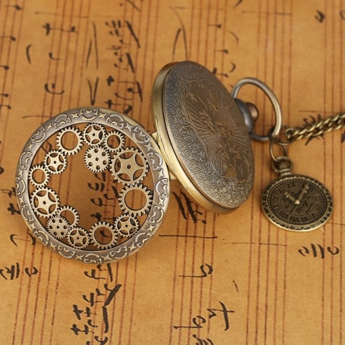 Vintage Antique Copper Steampunk Bronze Hollow Gear Quartz Pocket Watch Necklace Pendant Clock Chain Men Women with Accessory 4