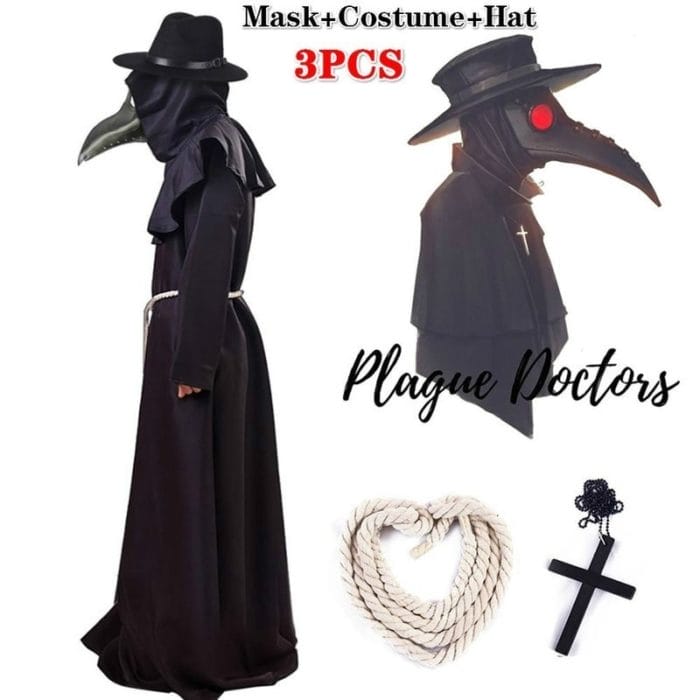 New Plague Doctor Cosplay Costume Medieval Hooded Robe Steampunk Terror Mask Hat Adult Halloween Party Role Play Size S-XL 4