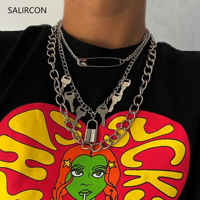 Salircon Steampunk Key Lock Pendant Necklaces Set Multi Layer Chain Goth Safety Pins Chunky Choker Necklace Women Couple Jewelry 1