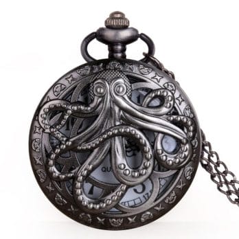 Vintage Octopus Hollow Half Hunter Quartz Pocket Watch Steampunk Black Pocket Watch with Necklace Chain Gift for Kids 1