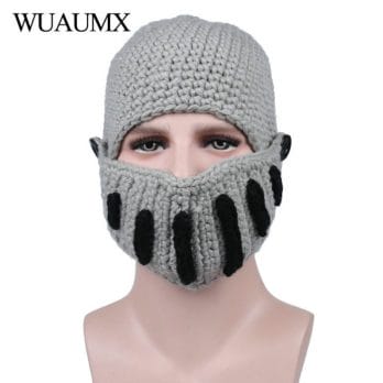 Wuaumx Novelty Roman Hat Winter Beanie Hats For Men Warm Mask Knight Helmet Knitted Cap Handmade Gladiator Mask Hat czapka zimow 2