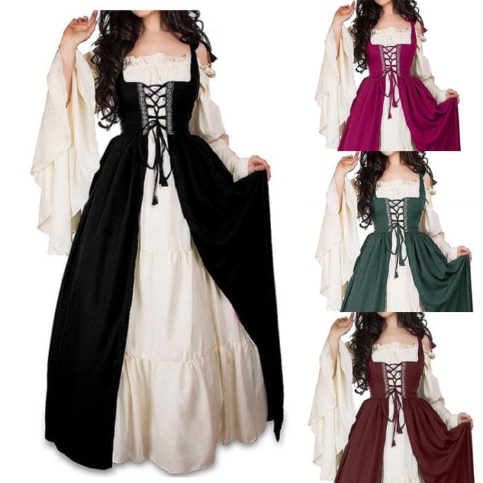 Halloween Women European Medieval Court Fancy Vampire Cosplay Costume Carnival Vintage Strapless Long Sleeve Queen Long Dress 1