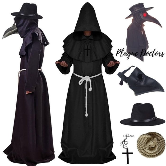 New Plague Doctor Cosplay Costume Medieval Hooded Robe Steampunk Terror Mask Hat Adult Halloween Party Role Play Size S-XL 1