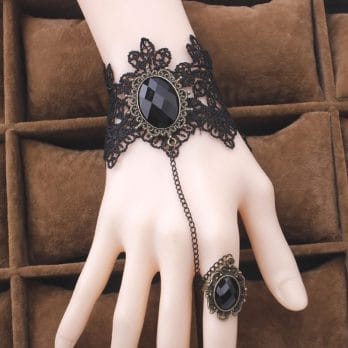 High Quality Black Lace Bracelet Finger Hand Chain Harness Women Bracelet Metal Crystal Charm Steampunk Lady Vintage Jewelry 2