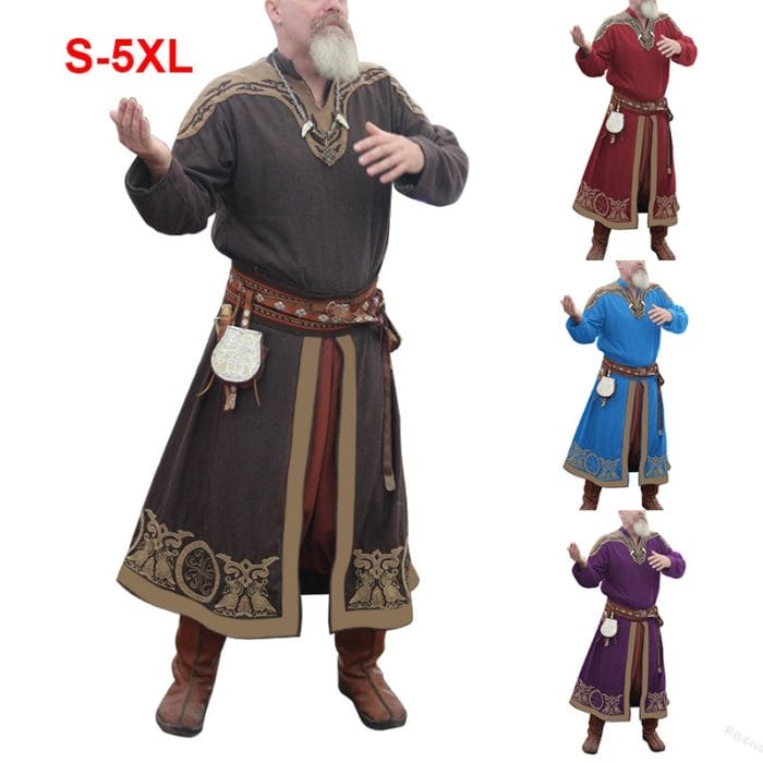 Medieval Larp Viking Costume Mens Tunic Dress Long Shirt Noble Warrior Knights Armor Tops Coat Nordic Outfit For Adult Plus Size 1