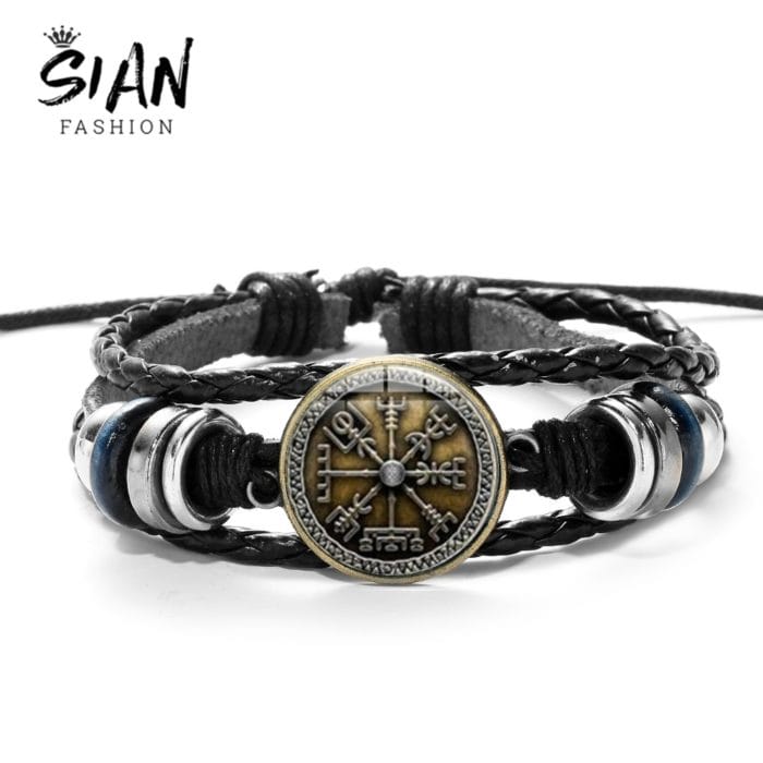 SIAN Viking Compass Multilayer Wood Bead Bracelet Men Casual Fashion Braided Leather Bracelets Bangles Retro Punk Wrap Wristband 1